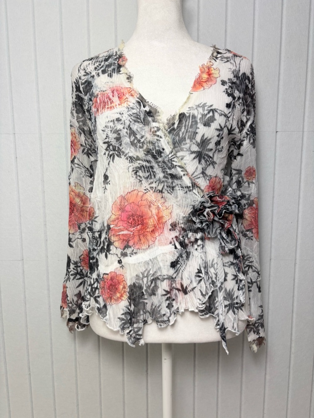 Cache Vintage V-neck Y2K‎ Sheer floral White Romantic Wrap Blouse long sleeves S